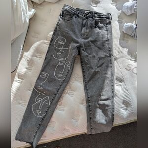 Gray Women's Jeans with Artistic Design
